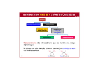 Prof. Nunes
100
Diastereoisômeros são estereoisômeros que não mantêm uma relação
objeto-imagem.
De acordo com esta definição, podemos entender por isômeros cis-trans
são diastereoisômeros.
isômeros
isômeros constitucionais estereoisômeros
isômeros com
duplas ligações
isômeros com
centros de
quiralidade
enantiômeros diastereoisômeros
cis-2-buteno trans-2-buteno
Isômeros com mais de 1 Centro de Quiralidade
 