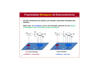 Prof. Nunes
141
Os dois enantiômeros da efedrina, por exemplo, apresentam atividades bem
distintas.
Neste caso, na (-)-efedrina, ocorre uma formação adicional de uma ligação
de hidrogênio entre a hidroxila e um sítio da proteína.
OH
OH
H
OH
N+
H3C
H H
OH
OH
OH
H
N+
H3C
H H **
X
sítio
aniônico
área
plana
não ocorre interação
X
sítio
aniônico
área
plana
ocorre interação
(+)-Efedrina – menos ativa (-)-Efedrina – mais ativa
Propriedades Biológicas de Estereoisômeros
 