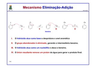 DQOI - UFC Prof. Nunes
114
benzino
Mecanismo Eliminação-AdiçãoMecanismo Eliminação-Adição
I II III IV
I. O hidróxido atua como base e desprotona o anel aromático
II. O grupo abandonador é eliminado, gerando o intermediário benzino.
III. O hidróxido atua como um nucleófilo e ataca o benzino.
IV. O ânion resultante remove um proton da água para gerar o produto final.
 