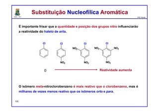 DQOI - UFC Prof. Nunes
É importante frisar que a quantidade e posição dos grupos nitro influenciarão
a reatividade do haleto de arila.
O isômero meta-nitroclorobenzeno é mais reativo que o clorobenzeno, mas é
milhares de vezes menos reativo que os isômeros orto e para.
Substituição Nucleofílica AromáticaSubstituição Nucleofílica Aromática
Cl
NO2
NO2
Cl Cl
NO2
Cl
NO2
NO2
NO2
Reatividade aumenta
105
0
 