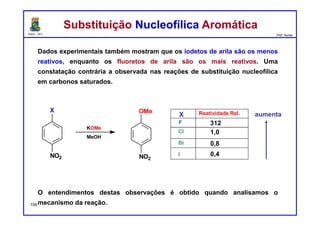 DQOI - UFC Prof. Nunes
Dados experimentais também mostram que os iodetos de arila são os menos
reativos, enquanto os fluoretos de arila são os mais reativos. Uma
constatação contrária a observada nas reações de substituição nucleofílica
em carbonos saturados.
O entendimentos destas observações é obtido quando analisamos o
mecanismo da reação.
X
NO2
KOMe
MeOH
NO2
OMe
X Reatividade Rel.
F 312
Cl 1,0
Br 0,8
I 0,4
aumenta
Substituição Nucleofílica AromáticaSubstituição Nucleofílica Aromática
106
 