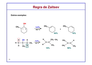 DQOI - UFC Prof. Nunes
DQOI - UFC Prof. Nunes
No entanto, muitas exceções foram observadas, e o produto de Zaitsev era o
produto minoritário.
Por exemplo, quando tanto o substrato e a base são estericamente
impedidos,
o alceno menos substituído é o produto principal:
O alceno menos substituído é chamado frequentemente de
produto de Hofmann.
Produto de HofmannProduto de Hofmann
14
 