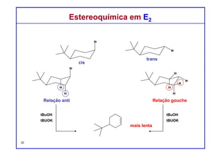 DQOI - UFC Prof. Nunes
DQOI - UFC Prof. Nunes
Este composto tem duas posições β, e cada posição β carrega um próton.
Mas, nenhuma destes prótons pode estar anti-periplanar com o
grupo de saída.
Uma vez que o grupo de saída está na frente do plano, uma
reação E2 só ocorrerá se houver o próton vizinho estiver
atrás do plano.
Veja outro exemplo:
Estereoespecificidade em derivados de CicloexanosEstereoespecificidade em derivados de Cicloexanos
32
não
observado
 