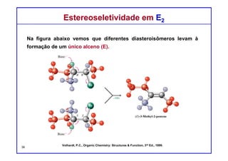 DQOI - UFC Prof. Nunes
DQOI - UFC Prof. Nunes
Mecanismo E1 – Efeito do SubstratoMecanismo E1 – Efeito do Substrato
Para as reações E1, a velocidade é muito sensível à natureza do haleto de
alquila de partida.
Haletos terciários reagem mais prontamente. Esta tendência é idêntica à
tendência que se observa em reações SN1, e a razão desta tendência é a
mesma também.
O mecanismo envolve a formação de um intermediário carbocátion, e a
velocidade da reação é dependente da estabilidade da carbocátion.
36
menos
reativo
mais
reativo
 
