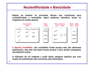 DQOI - UFC Prof. Nunes
DQOI - UFC Prof. Nunes
Nucleofilicidade x BasicidadeNucleofilicidade x Basicidade
II) Apenas bases: O primeiro reagente desta lista é o íon hidreto. Como
mencionado anteriormente, o íon hidreto não é um nucleófilo, porque não é
suficientemente polarizável. No entanto, é uma base muito forte porque o
seu ácido conjugado (H2) é um ácido muito fraco.
A utilização de um íon hidreto como o reagente indica que a eliminação
ocorra em vez de substituição.
64
Nucleófilos
(apenas)
Bases
(apenas)
Nucleófilos
fortes
Bases
fortes
Nucleófilos
fracos
Bases
Fracas
haletos Nucleófilos enxofre
 