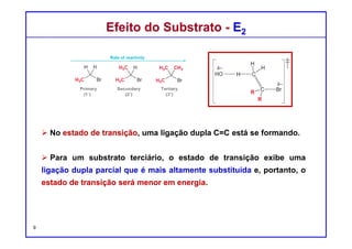 DQOI - UFC Prof. Nunes
DQOI - UFC Prof. Nunes
Substratos terciários reagem ais rapidamente que os secundários que, por
sua vez, reagem mais rapidamente que substratos os primários em reações
E2.
Para entender a razão para esta tendência, vamos analisar o diagrama de
energia de um processo de E2.
Efeito do Substrato - E2Efeito do Substrato - E2
9
reatividade aumenta
1o 2o 3o
 