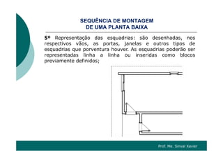 SEQUÊNCIA DE MONTAGEM
DE UMA PLANTA BAIXA
5º Representação das esquadrias: são desenhadas, nos
respectivos vãos as portas janelas e outros tipos derespectivos vãos, as portas, janelas e outros tipos de
esquadrias que porventura houver. As esquadrias poderão ser
representadas linha a linha ou inseridas como blocos
previamente definidos;previamente definidos;
Prof. Me. Sinval Xavier
 
