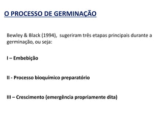O PROCESSO DE GERMINAÇÃO
Bewley & Black (1994), sugeriram três etapas principais durante a
germinação, ou seja:
I – Embebição
II - Processo bioquímico preparatório
III – Crescimento (emergência propriamente dita)
 