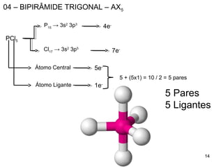 141414
04 – BIPIRÂMIDE TRIGONAL – AX5
PCl5
P15
→ 3s2
3p3
4e-
Átomo Central
Átomo Ligante
7e-
5e-
1e-
5 + (5x1) = 10 / 2 = 5 pares
5 Pares
5 Ligantes
Cl17
→ 3s2
3p5
 