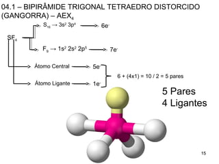 15151515
04.1 – BIPIRÂMIDE TRIGONAL TETRAEDRO DISTORCIDO
(GANGORRA) – AEX4
SF4
S16
→ 3s2
3p4
6e-
Átomo Central
Átomo Ligante
7e-
5e-
1e-
6 + (4x1) = 10 / 2 = 5 pares
5 Pares
4 Ligantes
F9
→ 1s2
2s2
2p5
 