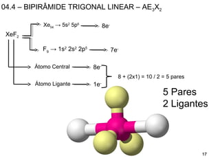 171717171717
04.4 – BIPIRÂMIDE TRIGONAL LINEAR – AE3X2
XeF2
Xe54
→ 5s2
5p6
8e-
Átomo Central
Átomo Ligante
7e-
8e-
1e-
8 + (2x1) = 10 / 2 = 5 pares
5 Pares
2 Ligantes
F9
→ 1s2
2s2
2p5
 