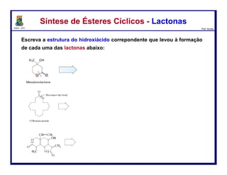 DQOI - UFC Prof. Nunes
A introdução de um halogênio no carbono-α de um ácido carboxílico requer
um conjunto de condições reacionais.
A bromação, por exemplo, envolve o tratamento do ácido carboxílico com
bromo, na presença de uma pequena quantidade de PCl3 como um
catalisador.
α-Halogenação de Ácidos Carboxílicosα-Halogenação de Ácidos Carboxílicos
11
ácido carboxílico ácido α-bromo
carboxílico
bromo ácido bromídrico
ácido fenilacético ácido α-bromofenilacético
 
