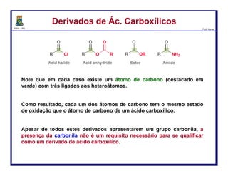 DQOI - UFC Prof. Nunes
Em comum com outros grupos funcionais que possuem uma carbonila, e os
ácidos carboxílicos e seus derivados têm um arranjo planar de ligações de
seus grupos carbonila.
O
N
R
R
..
O
O
R..
..
O
O
O
..
..
O
Cl
..
..
:
-
+
-
+
-
+
-
+
O
N
R
R
..
O
O
R..
..
O
O
O
..
..
O
Cl
..
..
:
Estrutura x ReatividadeEstrutura x Reatividade
32
 