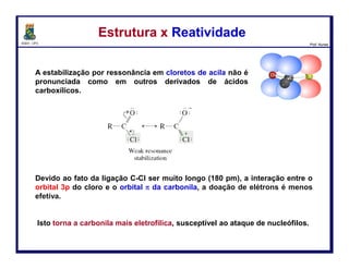 DQOI - UFC Prof. Nunes
A tabela a seguir, sumariza os efeitos estabilizadores de
grupos substituintes na carbonila à qual estão ligados.
Estrutura x ReatividadeEstrutura x Reatividade
39
Velocidade relativas
de hidrólise
reatividade
crescente
Menos
reativo
Mais
reativo
 