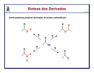 DQOI - UFC Prof. Nunes
Como sintetizar os derivados
Substituição no Grupo AcilaSubstituição no Grupo Acila
Na primeira etapa, um nucleófilo ataca a carbonila, formando um
intermediário tetraédrico (alcóxido).
Na segunda etapa, o grupo carbonila é refeito através da perda de um grupo
de saída.
A restauração da ligação dupla (C=O) é uma poderosa força
motriz.
Íons hidreto (H-) e Carbânions (C-) não são bons grupos abandonadores, de
modo que este tipo de reação não é observado para cetonas ou aldeídos.
45
ataque nucleofílico
perda do grupo
abandonador
A carbonila é atacada pelo
nucleófilo formando um
intermediário tetraédrico
O grupo abandonador é
expulso, e a carbonila é
reformada.
 