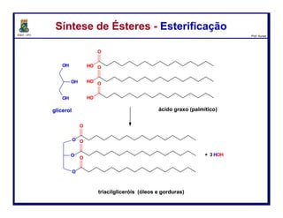 DQOI - UFC Prof. Nunes
O
OH
HO
..
..
O-
OH
O
H
..
..
..
..
: +
~ H+
O-
O
O H
H
..
:
+
:
O
O
+ HOH
Mecanismo da EsterificaçãoMecanismo da Esterificação
6
 