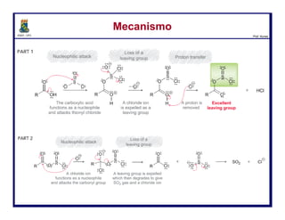 DQOI - UFC Prof. Nunes
O substituição nucleofílica em haletos de acila é muito mais rápida que em
haletos de alquila.
O carbono hibridizado sp2 de um cloreto de acila é menos impedido
estericamente que o carbono sp3 de um haleto de alquila,
fazendo um cloreto de acila mais “aberto” para o ataque
nucleofílico.
Além disto, diferentemente do estado de transição da reação SN2 ou de um
intermediário carbocátion em reação SN1, o intermediário tetraédico em
substituições nucleofílicas no grupo acila tem um arranjo de ligações mais
estável, e pode ser formado via um estado de transição de menor energia.
Hidrólise de Cloreto de AcilaHidrólise de Cloreto de Acila
64
Cloreto de benzoíla Cloreto de benzila
Velocidade relative de
hidrólise
Cloreto de benzila
 