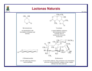 DQOI - UFC Prof. Nunes
Os ácidos carboxílicos cujas moléculas têm um grupo hidroxila num carbono
γ ou δ
sofrem esterificação intramolecular e
dão ésteres cíclicos conhecidos com γ ou δ–lactonas.
Síntese de Ésteres Cíclicos - LactonasSíntese de Ésteres Cíclicos - Lactonas
8
ácido 4-hidroxibutanóico 4-butanolida
ácido 5-hidroxipentanóico 5-pentanolida
δ
γ
 