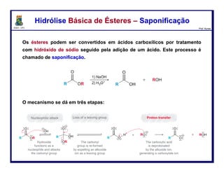 DQOI - UFC Prof. Nunes
Aminólise de ÉsteresAminólise de Ésteres
Éteres reagem lentamente com amônia e aminas para formar amidas.
Este processo tem pouca utilidade prática,
porque a preparação de amidas é feita mais eficientemente
a partir da reação entre cloretos de acila e amoníaco (ou
aminas primárias ou secundárias).
95
 