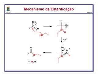 DQOI - UFC Prof. Nunes
Os ácidos carboxílicos reagem com alcoóis e formam ésteres por uma
reação conhecida como esterificação.
Tais reações são catalisadas por ácidos ou através da remoção da água
formada no meio reacional.
Reações de Ác. Carboxílicos - EsterificaçãoReações de Ác. Carboxílicos - Esterificação
5
ácido benzóico metanol
marcado com 18O
benzoato de metila
marcado com 18O
água
etapas 1-3 etapas 4-6
 