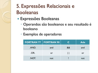 5. Expressões Relacionais e
Booleanas
 Expressões Booleanas
  ◦ Operandos são booleanos e seu resultado é
    booleano
  ◦ Exemplos de operadores

    FORTRAN 77   FORTRAN 90   C       Ada

       .AND.        and       &&      and

       .OR.          or       ||       or

       .NOT.        not       !       not
 