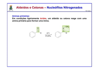 DQOI - UFC Prof. Nunes
Aldeídos e Cetonas – Nucleófilos NitrogenadosAldeídos e Cetonas – Nucleófilos Nitrogenados
Aminas primárias:
Em condições ligeiramente ácidas, um aldeído ou cetona reage com uma
amina primária para formar uma imina.
 