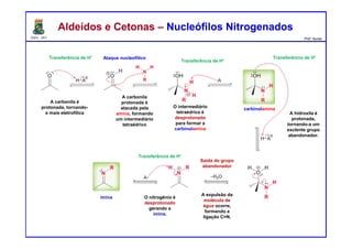 DQOI - UFC Prof. Nunes
Aldeídos e Cetonas – Nucleófilos NitrogenadosAldeídos e Cetonas – Nucleófilos Nitrogenados
Ataque nucleofílicoTransferência de H+
Transferência de H+
Transferência de H+
Saída do grupo
abandonador
imina
Transferência de H+
A carbonila é
protonada, tornando-
a mais eletrofílica
O intermediário
tetraédrico é
desprotonado
para formar a
carbinolamina
A carbonila
protonada é
atacada pela
amina, formando
um intermediário
tetraédrico
A hidroxila é
protonada,
tornando-a um
exclente grupo
abandonador.
A expulsão da
molécula de
água ocorre,
formando a
ligação C=N.
O nitrogênio é
desprotonado
gerando a
imina.
carbinolamina
 