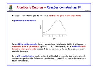 DQOI - UFC Prof. Nunes
Aldeídos e Cetonas – Reações com Aminas 1asAldeídos e Cetonas – Reações com Aminas 1as
Nas reações de formação de iminas, o controle do pH é muito importante.
O pH deve ficar entre 4-5.
Se o pH for muito elevado (isto é, se nenhum catalisador ácido é utilizado), a
carbonila não é protonada (passo 1 do mecanismo) e a carbinolamina
também não é protonado (passo 4 do mecanismo), de modo a reação ocorre
mais lentamente.
Se o pH é muito baixo (muito ácido é utilizado), a maioria das moléculas de
amina será protonada. Sob estas condições, o passo 2 do mecanismo ocorre
muito lentamente.
 