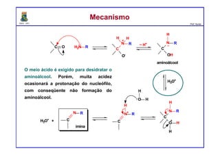 DQOI - UFC Prof. Nunes
O meio ácido é exigido para desidratar o
aminoálcool. Porém, muita acidez
ocasionará a protonação do nucleófilo,
com conseqüente não formação do
aminoálcool.
C O H2N R
..
C
N
O-
H H
R
+
C
N
OH
H
R~ H+
aminoálcool
H3O+
C
N
O
H
R
H
H
+
..
..
C
N
H
R
O
H
H
+
..
C
N R
H3O+ +
imina
MecanismoMecanismo
 