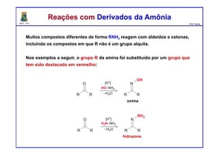 DQOI - UFC Prof. Nunes
Muitos compostos diferentes de forma RNH2 reagem com aldeídos e cetonas,
incluindo os compostos em que R não é um grupo alquila.
Nos exemplos a seguir, o grupo R da amina foi substituído por um grupo que
tem sido destacado em vermelho:
Reações com Derivados da AmôniaReações com Derivados da Amônia
oxima
hidrazona
 