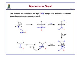 DQOI - UFC Prof. Nunes
Um número de compostos do tipo ZNH2 reage com aldeídos e cetonas
segundo um mesmo mecanismo geral:
R
O
H
H2N Z
..
R
O-
H
NH
Z
H
+
R
O
H
N
H Z
H
~H+
:
:
..
H3O+
R
O
H
N
H Z
HH
:
:
..
+R H
N
ZH
- H2O
+O
H
H ..
R H
N
Z
:
Mecanismo GeralMecanismo Geral
 