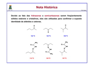 DQOI - UFC Prof. Nunes
Devido ao fato das hidrazonas e semicarbazonas serem freqüentemente
sólidos estáveis e cristalinos, elas são utilizadas para confirmar a suposta
identidade de aldeídos e cetonas.
O
O
O
102 o
C 102 o
C 106 o
C
N
NH
O
NH2
N
NH
O
NH2
N
NH
O
NH2
112 o
C 139 o
C 157 o
C
Nota HistóricaNota Histórica
 