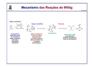 DQOI - UFC Prof. Nunes
Mecanismo das Reações de WittigMecanismo das Reações de Wittig
Ataque nucleofílico
Oxafosfetana
O reagente de
Wittig atua como
um nucleófilo e
ataca a carbonila,
formando o
intermeiário
tetraédrico
A oxofosfetana se
decompõe para
produzir um alceno e o
óxido de trifenilfosfina
Ataque nucleofílico Rearranjo
Um par de elétrons
livres do oxigênio
atua como um
nucleófilo e ataca o
átomo de fósforo em
um ataque
intramolecular.
 