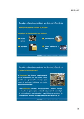 16-10-2009




  Estrutura e Funcionamento de um Sistema Informático

  Memórias secundárias, auxiliares ou de massa



Dispositivos de armazenamento mais utilizados



    Discos                                         Discos ópticos
    rígidos



    Disquetes                                      Bandas         magnéticas            e
                                                   tapes




                               Unidade 1 - Tecnologias da Informação e Comunicação 1.1. Conceitos Introdutórios




  Estrutura e Funcionamento de um Sistema Informático
 A placa principal (motherboard)


A motherboard é o elemento mais importante
de um computador pois tem como função
permitir que o processador comunique com
todos os periféricos instalados com maior
velocidade e fiabilidade.


 É na motherboard que está o microprocessador, a memória principal,
 os circuitos de apoio, a placa controladora (que controla a circulação
 da informação entre o processador e o periférico), os conectores do
 barramento que permitem estabelecer a ligação aos periféricos, etc.


                               Unidade 1 - Tecnologias da Informação e Comunicação 1.1. Conceitos Introdutórios




                                                                                                                         18
 