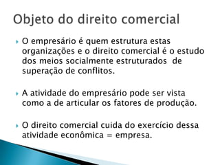 O empresário é quem estrutura estas organizações e o direito comercial é o estudo dos meios socialmente estruturados  de superação de conflitos.A atividade do empresário pode ser vista como a de articular os fatores de produção.O direito comercial cuida do exercício dessa atividade econômica = empresa.Objeto do direito comercial