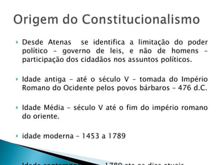 Desde Atenas  se identifica a limitação do poder político – governo de leis, e não de homens – participação dos cidadãos nos assuntos políticos. Idade antiga – até o século V – tomada do Império Romano do Ocidente pelos povos bárbaros – 476 d.C. Idade Média – século V até o fim do império romano do oriente. idade moderna – 1453 a 1789  Idade contemporânea – 1789 ate os dias atuais 