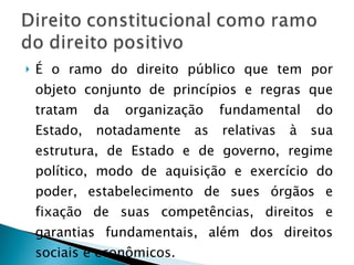 É o ramo do direito público que tem por objeto conjunto de princípios e regras que tratam da organização fundamental do Estado, notadamente as relativas à sua estrutura, de Estado e de governo, regime político, modo de aquisição e exercício do poder, estabelecimento de sues órgãos e fixação de suas competências, direitos e garantias fundamentais, além dos direitos sociais e econômicos.  