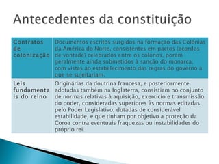 Contratos de colonização  Documentos escritos surgidos na formação das Colônias da América do Norte, consistentes em pactos (acordos de vontade) celebrados entre os colonos, porém geralmente ainda submetidos à sanção do monarca, com vistas ao estabelecimento das regras do governo a que se sujeitariam. Leis fundamentais do reino Originárias da doutrina francesa, e posteriormente adotadas também na Inglaterra, consistiam no conjunto de normas relativas à aquisição, exercício e transmissão do poder, consideradas superiores às normas editadas pelo Poder Legislativo, dotadas de considerável estabilidade, e que tinham por objetivo a proteção da Coroa contra eventuais fraquezas ou instabilidades do próprio rei. 