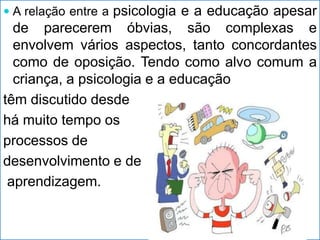 psicologia e a educação apesar
 A relação entre a
  de parecerem óbvias, são complexas e
  envolvem vários aspectos, tanto concordantes
  como de oposição. Tendo como alvo comum a
  criança, a psicologia e a educação
têm discutido desde
há muito tempo os
processos de
desenvolvimento e de
 aprendizagem.
 
