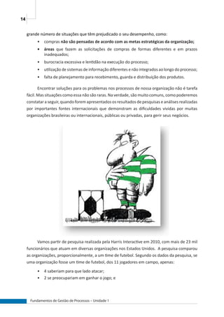 14
Fundamentos de Gestão de Processos – Unidade 1
grande número de situações que têm prejudicado o seu desempenho, como:
•	 compras não são pensadas de acordo com as metas estratégicas da organização;
•	 áreas que fazem as solicitações de compras de formas diferentes e em prazos
inadequados;
•	 burocracia excessiva e lentidão na execução do processo;
•	 utilização de sistemas de informação diferentes e não integrados ao longo do processo;
•	 falta de planejamento para recebimento, guarda e distribuição dos produtos.
Encontrar soluções para os problemas nos processos de nossa organização não é tarefa
fácil. Mas situações como essa não são raras. Na verdade, são muito comuns, como poderemos
constatar a seguir, quando forem apresentados os resultados de pesquisas e análises realizadas
por importantes fontes internacionais que demonstram as dificuldades vividas por muitas
organizações brasileiras ou internacionais, públicas ou privadas, para gerir seus negócios.
Vamos partir de pesquisa realizada pela Harris Interactive em 2010, com mais de 23 mil
funcionários que atuam em diversas organizações nos Estados Unidos. A pesquisa comparou
as organizações, proporcionalmente, a um time de futebol. Segundo os dados da pesquisa, se
uma organização fosse um time de futebol, dos 11 jogadores em campo, apenas:
•	 4 saberiam para que lado atacar;
•	 2 se preocupariam em ganhar o jogo; e
 