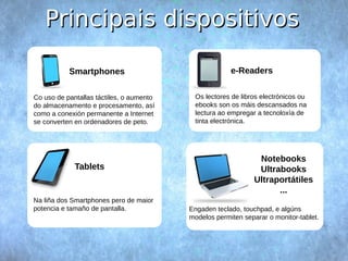 PPrriinncciippaaiiss ddiissppoossiittiivvooss 
Smartphones 
Tablets 
e-Readers 
Notebooks 
Ultrabooks 
Ultraportátiles 
... 
Co uso de pantallas táctiles, o aumento 
do almacenamento e procesamento, así 
como a conexión permanente a Internet 
se converten en ordenadores de peto. 
Na liña dos Smartphones pero de maior 
potencia e tamaño de pantalla. 
Os lectores de libros electrónicos ou 
ebooks son os máis descansados na 
lectura ao empregar a tecnoloxía de 
tinta electrónica. 
Engaden teclado, touchpad, e algúns 
modelos permiten separar o monitor-tablet. 
 