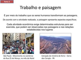 Trabalho e paisagem
Tema 2
É por meio do trabalho que os seres humanos transformam as paisagens.
De acordo com a atividade realizada, a paisagem apresenta aspectos específicos.
Cada atividade econômica exige determinadas estruturas para ser
exercida, que podem ser observadas nas paisagens e nas relações
estabelecidas nos lugares
São Paulo - Movimento no comércio
da Rua 25 de Março, no mês do Natal
Extração de minério de ferro – Serra
dos Carajás - PA
 