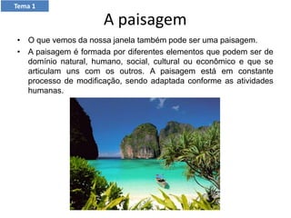 A paisagem
• O que vemos da nossa janela também pode ser uma paisagem.
• A paisagem é formada por diferentes elementos que podem ser de
domínio natural, humano, social, cultural ou econômico e que se
articulam uns com os outros. A paisagem está em constante
processo de modificação, sendo adaptada conforme as atividades
humanas.
Tema 1
 