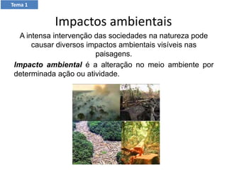 Impactos ambientais
A intensa intervenção das sociedades na natureza pode
causar diversos impactos ambientais visíveis nas
paisagens.
Impacto ambiental é a alteração no meio ambiente por
determinada ação ou atividade.
Tema 1
 
