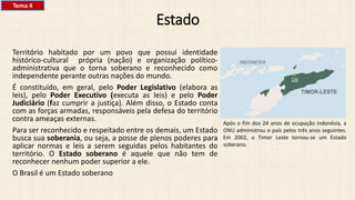 Estado
Território habitado por um povo que possui identidade
histórico-cultural própria (nação) e organização político-
administrativa que o torna soberano e reconhecido como
independente perante outras nações do mundo.
É constituído, em geral, pelo Poder Legislativo (elabora as
leis), pelo Poder Executivo (executa as leis) e pelo Poder
Judiciário (faz cumprir a justiça). Além disso, o Estado conta
com as forças armadas, responsáveis pela defesa do território
contra ameaças externas.
Para ser reconhecido e respeitado entre os demais, um Estado
busca sua soberania, ou seja, a posse de plenos poderes para
aplicar normas e leis a serem seguidas pelos habitantes do
território. O Estado soberano é aquele que não tem de
reconhecer nenhum poder superior a ele.
O Brasil é um Estado soberano
Após o fim dos 24 anos de ocupação indonésia, a
ONU administrou o país pelos três anos seguintes.
Em 2002, o Timor Leste tornou-se um Estado
soberano.
Tema 4
 