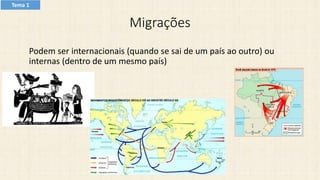 Migrações
Podem ser internacionais (quando se sai de um país ao outro) ou
internas (dentro de um mesmo país)
Tema 1
 