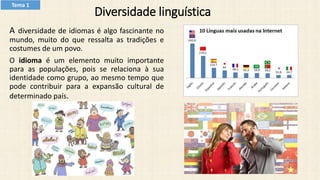 Diversidade linguística
A diversidade de idiomas é algo fascinante no
mundo, muito do que ressalta as tradições e
costumes de um povo.
O idioma é um elemento muito importante
para as populações, pois se relaciona à sua
identidade como grupo, ao mesmo tempo que
pode contribuir para a expansão cultural de
determinado país.
Tema 1
 