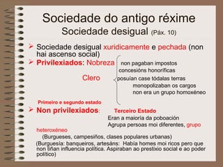Sociedade do antigo réxime
Sociedade desigual (Páx. 10)
 Sociedade desigual xuridicamente e pechada (non
hai ascenso social)
 Privilexiados: Nobreza non pagaban impostos
concesións honoríficas
Clero posuían case tódalas terras
monopolizaban os cargos
non era un grupo homoxéneo
Primeiro e segundo estado
 Non privilexiados: Terceiro Estado
Eran a maioría da poboación
Agrupa persoas moi diferentes, grupo
heteroxéneo
(Burgueses, campesiños, clases populares urbanas)
(Burguesía: banqueiros, artesáns: Había homes moi ricos pero que
non tiñan influencia política. Aspiraban ao prestixio social e ao poder
político)
 