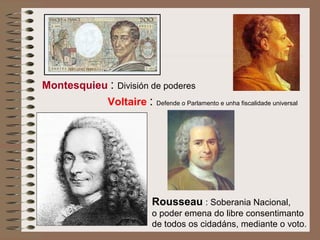 Montesquieu : División de poderes
Voltaire : Defende o Parlamento e unha fiscalidade universal
Rousseau : Soberania Nacional,
o poder emena do libre consentimanto
de todos os cidadáns, mediante o voto.
 