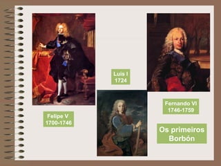 Felipe V
1700-1746
Luís I
1724
Fernando VI
1746-1759
Os primeiros
Borbón
 